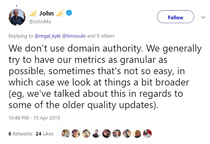 John Mueller tweet about DA John Mueller tweet about DA